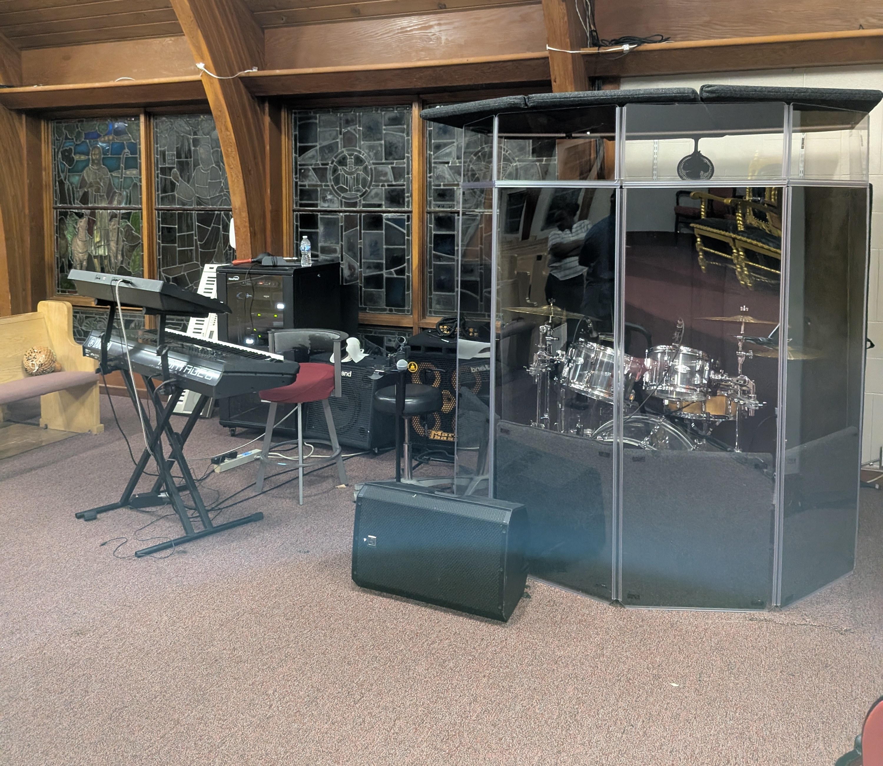 Calvary Presbyterian Church of Ghana — new ClearSonic drum isolation booth installed on stage